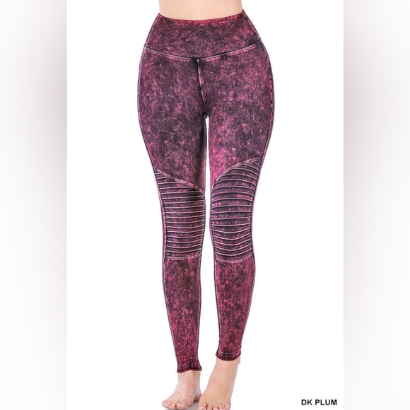 Zenana Outfitters Pants - Zenana Material washed wide waistband moto leggings Plum